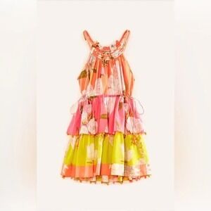 Farm Rio Mini Dress Womens L Tiered Neon Vibrant Boho Floral Hawaiian Tropical